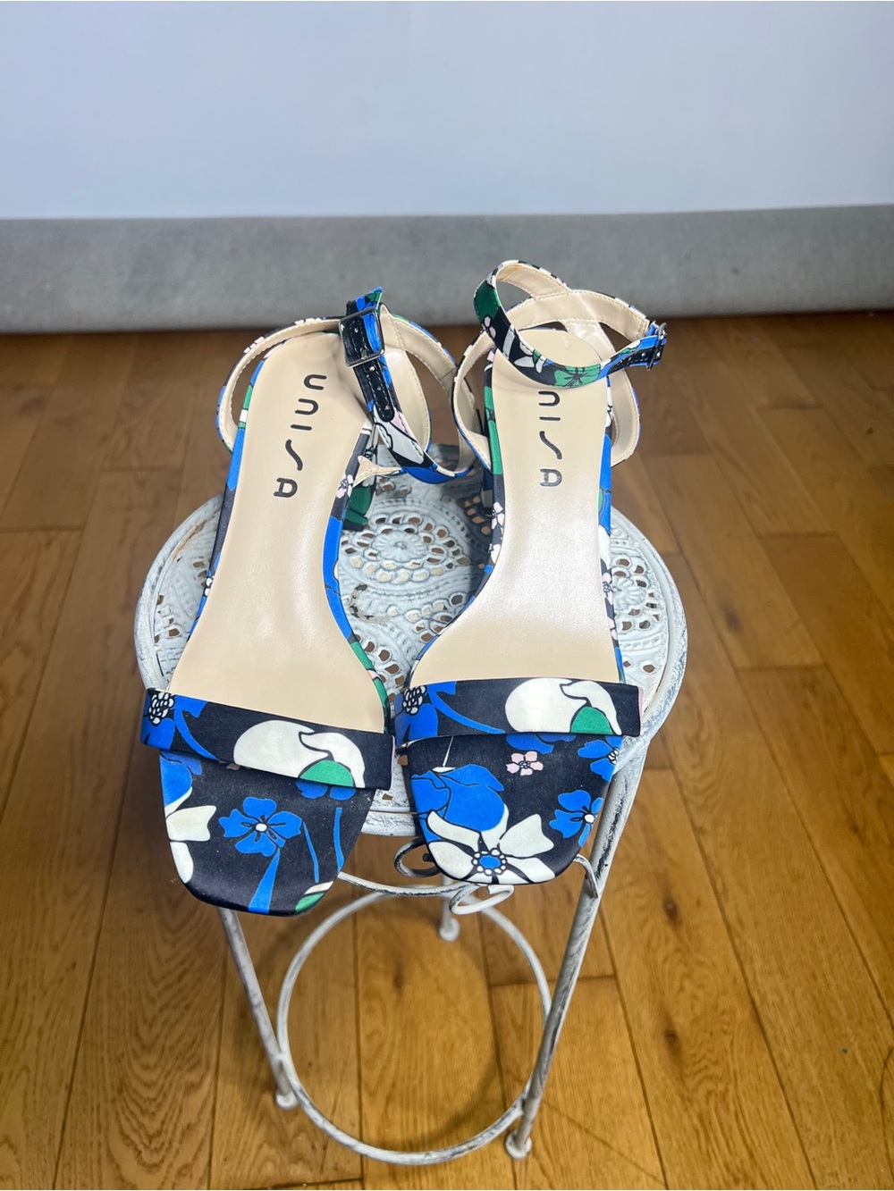 Unisa Blue Floral Ankle-Strap Heeled Sandals